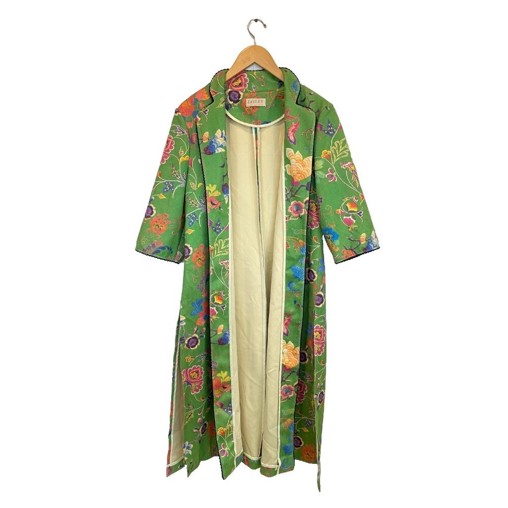 Jayley Collection Green Faux Suede Floral Printed Long Jacket Cape One Size